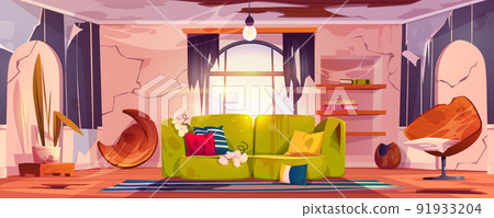Old dirty living room with broken furniture vector Old dirty living room with broken furniture vector 91933204