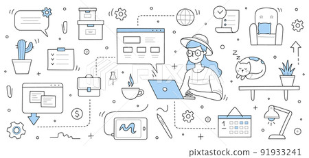 Home office web banner, freelance doodle concept Home office web banner, freelance doodle concept 91933241
