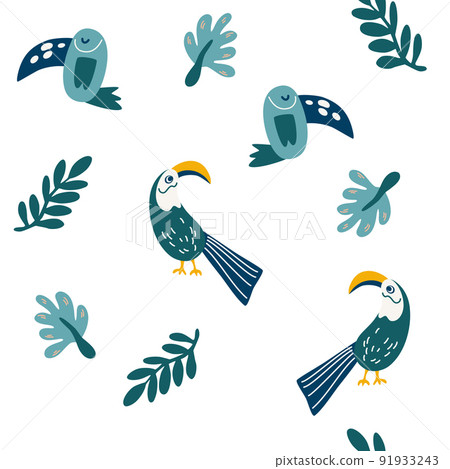 Toucans and leaves seamless pattern. Exotic birds and palm leaves. Tropical nature background. Modern abstract design for paper, cover, fabric, interior decor. Cartoon Vector illustration. Toucans and leaves seamless pattern. Exotic birds and palm leaves. Tropical nature background. Modern abstract design for paper, cover, fabric, interior decor. Cartoon Vector illustration. 91933243