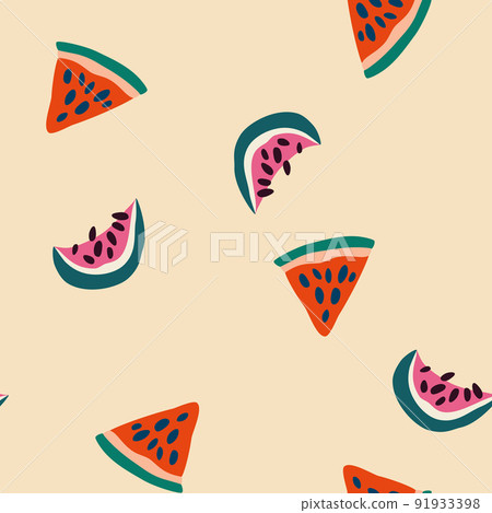 Watermelons seamless pattern. Fruits background. Perfect for printing on packaging paper, postcard, poster, banner, clothing. Cartoon Vector illustration. 91933398