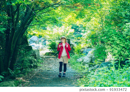 走在新鮮的青山的婦女 走在新鮮的青山的婦女 91933472