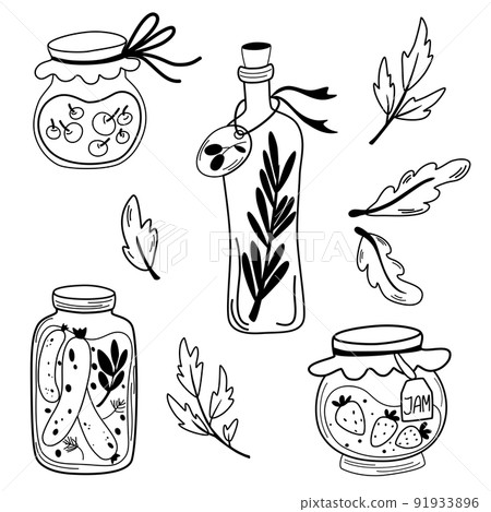 Homemade jars of preserving the fruit and vegetables. Outline ink style sketch. Set of glass jars with preserved vegetables, olive oil and berry jams. Berry compote or marmalade, jam. Vector Homemade jars of preserving the fruit and vegetables. Outline ink style sketch. Set of glass jars with preserved vegetables, olive oil and berry jams. Berry compote or marmalade, jam. Vector 91933896