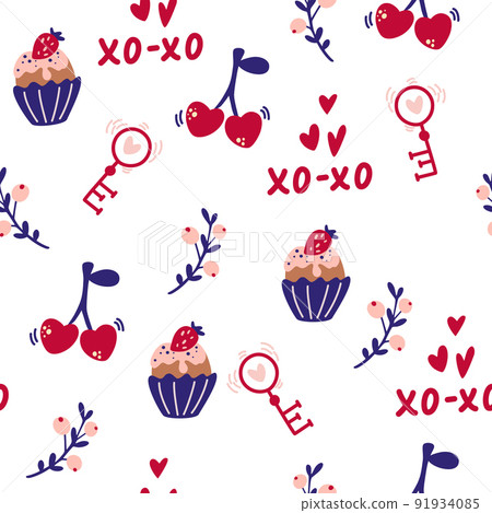 Valentine's Day Elements Seamless Pattern. Cherries, muffin, key, berries. Print for fabric, textile, apparel, wrapping paper. Hand draw Vector illustration. Valentine's Day Elements Seamless Pattern. Cherries, muffin, key, berries. Print for fabric, textile, apparel, wrapping paper. Hand draw Vector illustration. 91934085