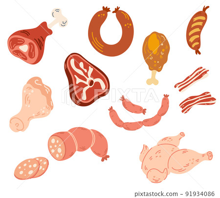 Meat products set. Fresh meat and sausage, salami and chicken, raw sliced pork tenderloin and cooked ham, steak. For barbeque meal and gourmet shopping. Hand draw Vector illustration. Meat products set. Fresh meat and sausage, salami and chicken, raw sliced pork tenderloin and cooked ham, steak. For barbeque meal and gourmet shopping. Hand draw Vector illustration. 91934086