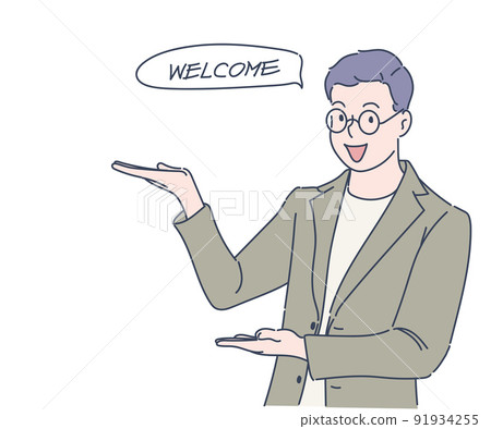 You are welcome! Happy businessman gesturing welcome sign. Hand drawn in thin line style, vector illustrations. 91934255