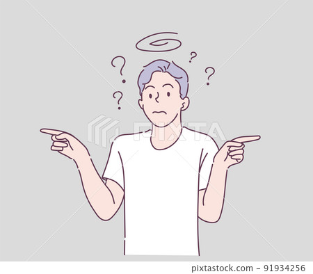 Question Marks with young man, he is confused. Negative emotion facial expression feeling. Hand drawn in thin line style, vector illustrations. 91934256