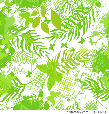 Seamless green background with palm leaves and butterflies. Vector illustration Seamless green background with palm leaves and butterflies. Vector illustration 91934281