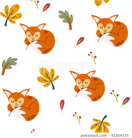Sleeping fox seamless pattern. Autumn leaves. Awesome forest background in bright colors. Perfect for textile, wallpaper or print design. Hand Draw Vector illustration. Sleeping fox seamless pattern. Autumn leaves. Awesome forest background in bright colors. Perfect for textile, wallpaper or print design. Hand Draw Vector illustration. 91934335