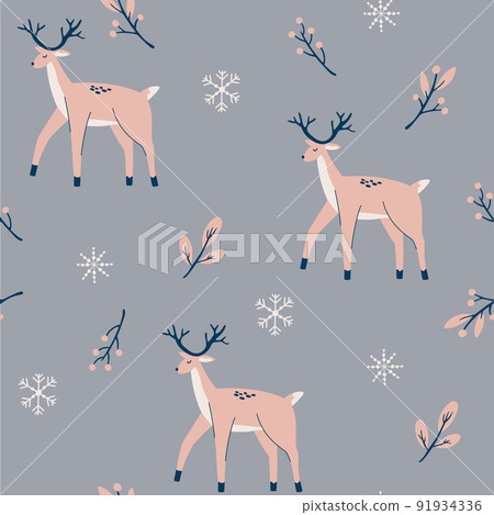 Deer seamless pattern. Christmas background with twigs berries snowflakes and deer. Perfect for textile, wallpaper or print design. Hand Draw Vector illustration. 91934336