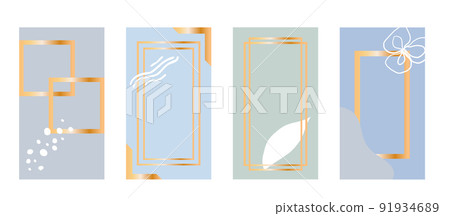 Set of 4 abstract background for social media post template. Colorful pastel with minimal gradient gold frame. 91934689