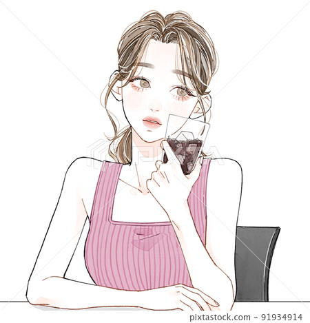 一個女人喝冰咖啡 91934914