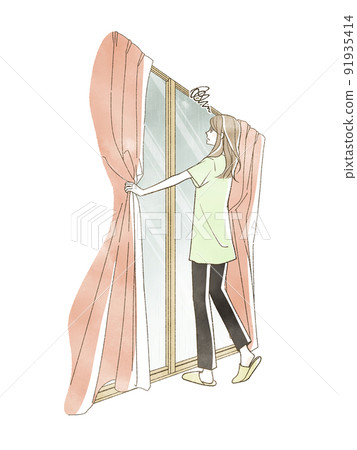 A woman looking out with the curtain open on a rainy day 91935414