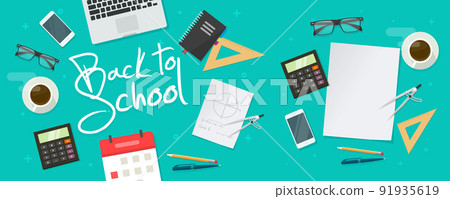 Back to school education concept table top view flat lay vector or study learning class working desk background with blank empty paper page illustration, course or supplies idea image 91935619