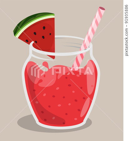 Watermelon cocktail splashing in glass with striped straw. Refreshing fruit juice in hot summer. Cartoon vector isolated on pink background 91935886