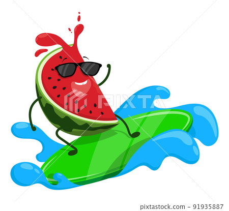 Cheerful watermelon slice surfs on wave with surfboard. Delicious and wholesome foods, vegetables and fruits. Healthy lifestyle. Cartoon vector isolated on white background 91935887