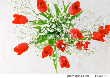 Flowers: 3D image of red tulips and baby's-breath Flowers: 3D image of red tulips and baby's-breath 91936433