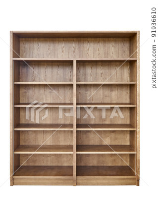 Wooden bookcase made of toned ash veneered MDF isolated on white background Wooden bookcase made of toned ash veneered MDF isolated on white background 91936610