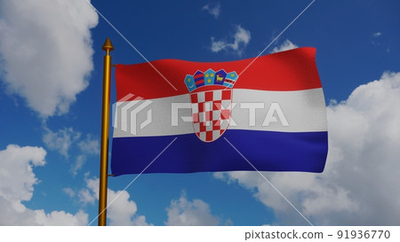 National flag of Croatia waving 3D Render with flagpole and blue sky, Republic of Croatia flag textile, Trobojnica with coat of arms Croatia, croatian independence day, Miroslav Sutej 91936770