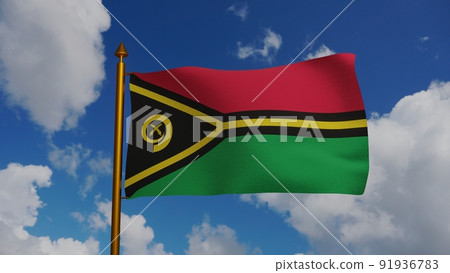 National flag of Vanuatu waving 3D Render with flagpole and blue sky, Republic of Vanuatu flag textile by Kalontas Mahlon, coat of arms Vanuatu independence day, Bislama flaeg blong Vanuatu 91936783