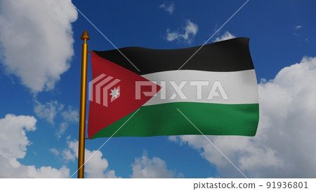 National flag of Jordan waving 3D Render with flagpole and blue sky, kingdom jordan flag textile used Pan-Arab Colors, similar Flag of the Arab Revolt National flag of Jordan waving 3D Render with flagpole and blue sky, kingdom jordan flag textile used Pan-Arab Colors, similar Flag of the Arab Revolt 91936801