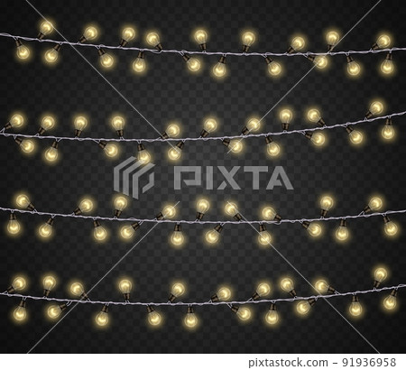 Realistic light bulb garland. Party celebration 3D decorative light, Christmas and festive glowing night decoration. Vector border graphic elements 91936958