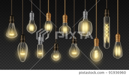 Filament lamps. Realistic incandescent light bulbs of different types and shapes, retro loft interior decoration lamp. Vector glowing vintage ceiling chandelier set 91936960