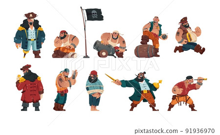 Pirate characters. Cartoon armed male bandit sailors, group fantasy marine villains with swords cannons spyglass and pirate flag. Vector isolated collection 91936970