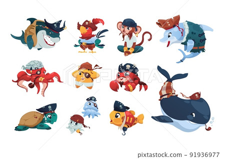 Pirate sea animals. Cartoon nautical animals wearing pirate hats and bandanas, cute brave fish shark monkey parrot crab and turtle. Vector funny marine characters set 91936977