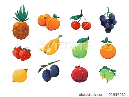 Fruits game asset. Cartoon exotic organic fruits collection, 2D game sprite graphic of apple, apricot strawberry plum pear banana lemon grape. Vector set Fruits game asset. Cartoon exotic organic fruits collection, 2D game sprite graphic of apple, apricot strawberry plum pear banana lemon grape. Vector set 91936981