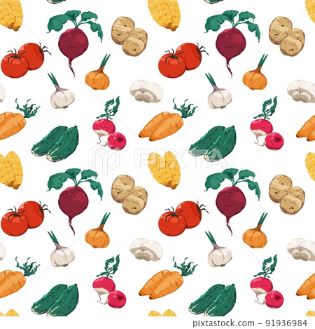 Cartoon vegetables pattern. Seamless print of fresh farm food, potato tomatoes cabbage cucumber decoration for restaurant menu brochure. Vector texture Cartoon vegetables pattern. Seamless print of fresh farm food, potato tomatoes cabbage cucumber decoration for restaurant menu brochure. Vector texture 91936984