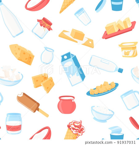 Dairy products pattern. Seamless print of milk in various packages and glass, cheese yoghurt butter cottage cheese organic farm products. Vector healthy food texture 91937031