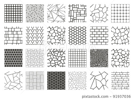 Cobblestone texture. Pavement bricks and pebble vintage decorative graphic, stone sidewalk paving plan, garden patio black path. Vector isolated set Cobblestone texture. Pavement bricks and pebble vintage decorative graphic, stone sidewalk paving plan, garden patio black path. Vector isolated set 91937036