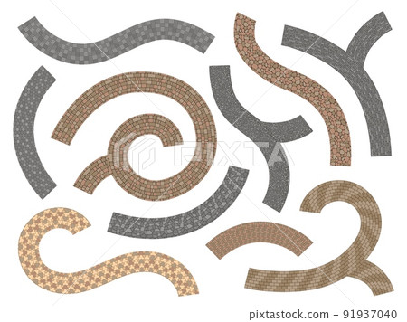 Sidewalk stone path. Pavement tiles road of bricks cobblestones and concrete, outdoor decoration garden walkway. Vector patio paving construction Sidewalk stone path. Pavement tiles road of bricks cobblestones and concrete, outdoor decoration garden walkway. Vector patio paving construction 91937040