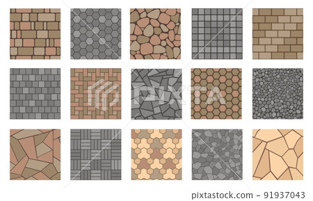 Floor stone pattern. Pavement tile of stone, bricks and concrete, road sidewalk and garden patio ground, outdoor paving plan. Vector path tile top view Floor stone pattern. Pavement tile of stone, bricks and concrete, road sidewalk and garden patio ground, outdoor paving plan. Vector path tile top view 91937043