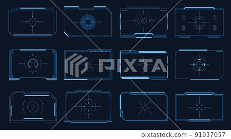 HUD frame. Sci-Fi game screen interface element, target border UI, futuristic digital aim panel, modern tech viewfinder. Vector game asset of aiming frames HUD frame. Sci-Fi game screen interface element, target border UI, futuristic digital aim panel, modern tech viewfinder. Vector game asset of aiming frames 91937057