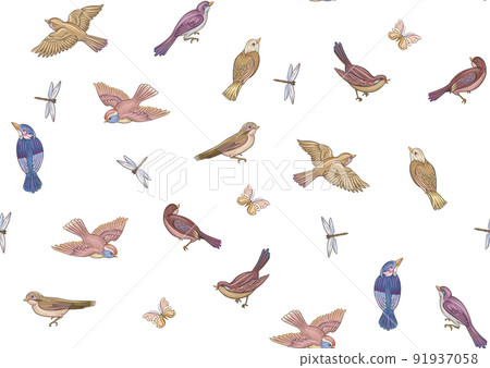 Set off birds sparrow, finches, butterflies and dragonflies 91937058