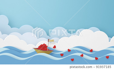 Paper craft ship carrying hearts 91937185