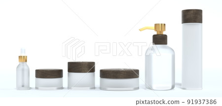 Set of six different frosted glass cosmetic cream jars and bottles with wooden lids, beauty and care product packaging and branding 3D render mockup 91937386
