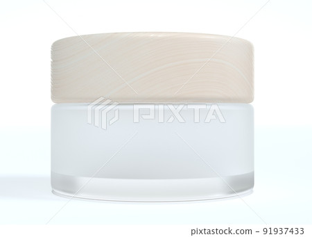 Frosted glass cosmetic cream jar with wooden lid, beauty and care product packaging 3D render mockup 91937433