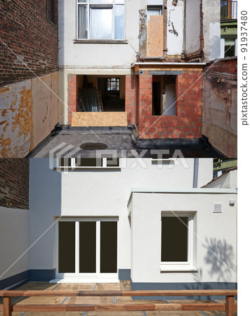 Building facade repair and insulation before and after Building facade repair and insulation before and after 91937480