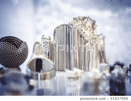 Object printed from metal powder on metal 3d printer.Object printed in laser sintering machine. Modern 3D printer printing from metal powder. Progressive additive DMLS, SLM, SLS 3d printing technology 91937999