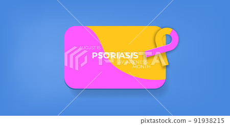 Psoriasis awareness month concept horizontal banner design template with yellow and violet ribbon and text isolated on blue background. August is Psoriasis awareness month vector flyer or poster 91938215