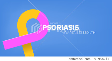 Psoriasis awareness month concept horizontal banner design template with yellow and violet ribbon and text isolated on blue background. August is Psoriasis awareness month vector flyer or poster Psoriasis awareness month concept horizontal banner design template with yellow and violet ribbon and text isolated on blue background. August is Psoriasis awareness month vector flyer or poster 91938217