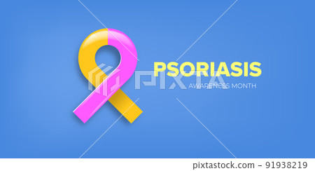 Psoriasis awareness month concept horizontal banner design template with yellow and violet ribbon and text isolated on blue background. August is Psoriasis awareness month vector flyer or poster Psoriasis awareness month concept horizontal banner design template with yellow and violet ribbon and text isolated on blue background. August is Psoriasis awareness month vector flyer or poster 91938219