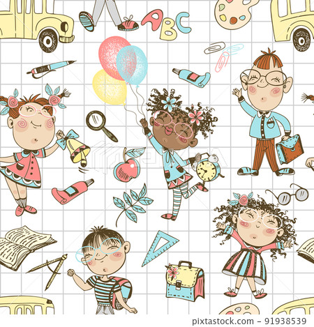 A cute girl with a full braid holds her pet cat. Doodle style. Vector. 91938539