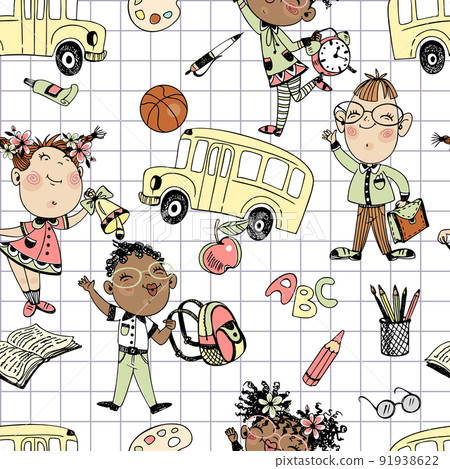 A cute girl with a full braid holds her pet cat. Doodle style. Vector. 91938622