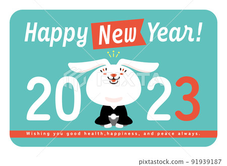 2023年新年賀卡兔子側流行英文留言綠色 2023年新年賀卡兔子側流行英文留言綠色 91939187