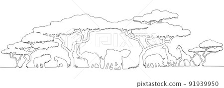 African Safari Animals Silhouette Landscape African Safari Animals Silhouette Landscape 91939950