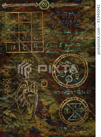 Hand drawn Halloween illustration of old page with wicca and mystic symbols from witch magic spell book. Gothic, occult and esoteric background. 91940042