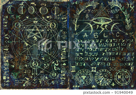 Hand drawn Halloween illustration of old page with wicca and mystic symbols from witch magic spell book. 91940049